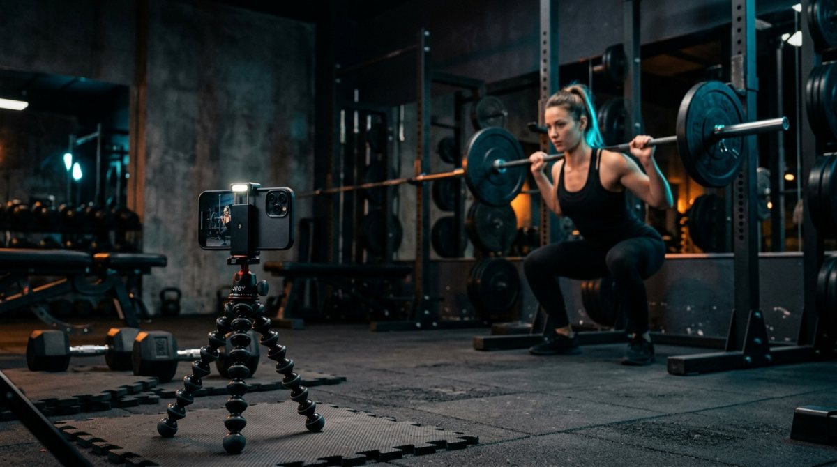 A phone on a tripod filming a lifter mid-squat in a gym